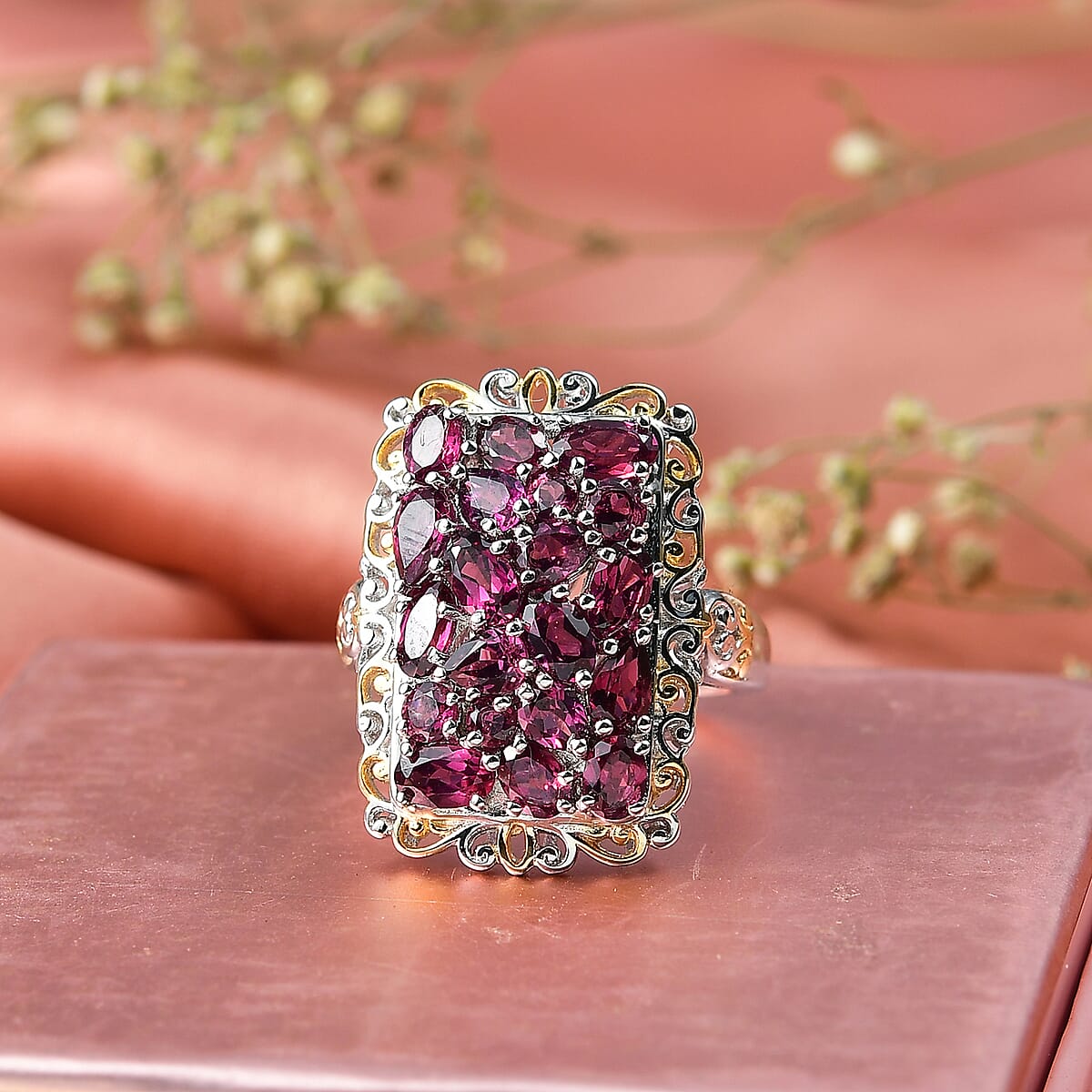 EverTrue Orissa Rhodolite Garnet 5.30 ctw Victorian Filigree Ring in 18K YG Plated and Platinum Bond (Size 7.0) image number 1