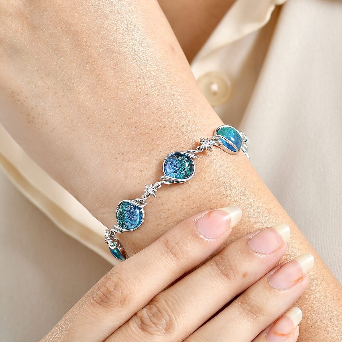 GP Celestial Dream Special Murano Style and White Zircon 0.30 ctw Bracelet in Rhodium Over Sterling Silve (7.25 In) (Del. in 12-15 Days)  image number 2