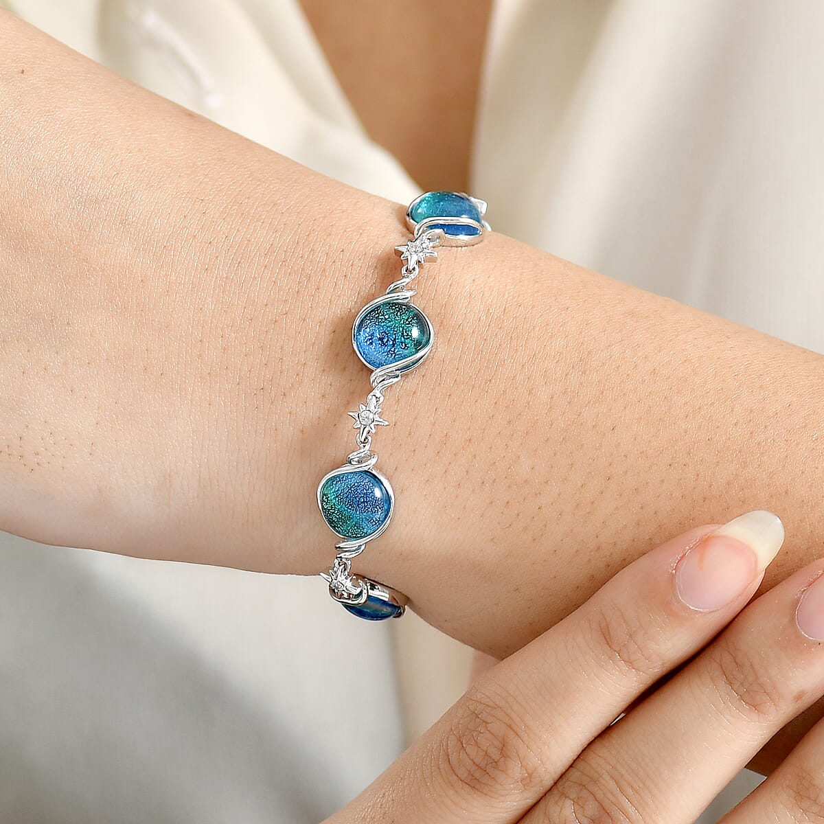 GP Celestial Dream Special Murano Style and White Zircon 0.30 ctw Bracelet in Rhodium Over Sterling Silve (7.25 In) (Del. in 12-15 Days)  image number 3