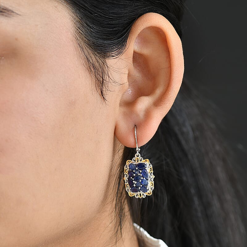 EverTrue Masoala Sapphire (D) 4.90 ctw Victorian Filigree Earrings in 18K YG Plated and Platinum Bond