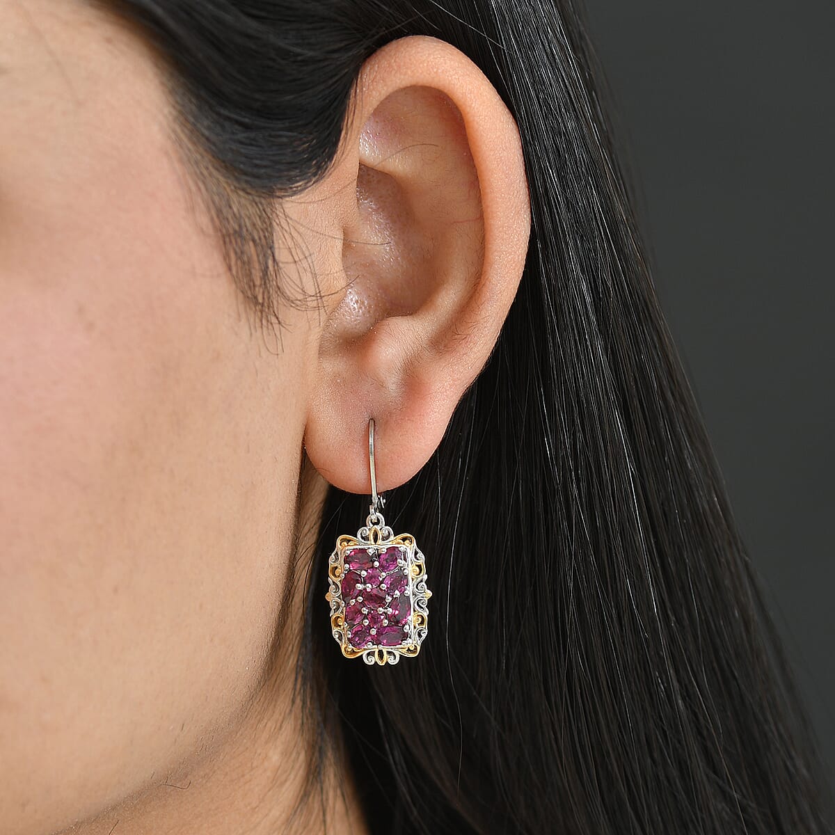 EverTrue Orissa Rhodolite Garnet 4.20 ctw Victorian Filigree Earrings in 18K YG Plated and Platinum Bond image number 2
