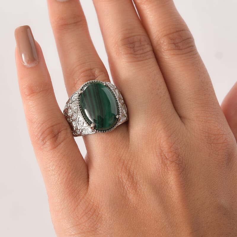 EverTrue African Malachite Ring in Stainless Steel (Size 10.0) 15.60 ctw