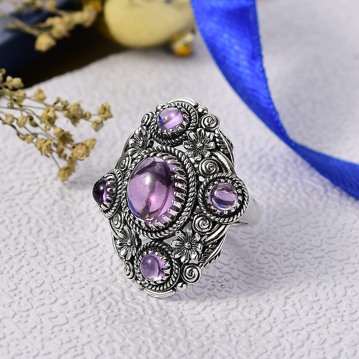 Doorbuster D'Joy Indian Artisan Crafted Premium Rose De France Amethyst 7.15 ctw Ring in Black Oxidised Sterling Silver (Size 7.0) image number 1