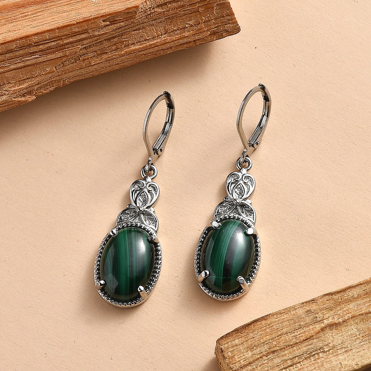 EverTrue African Malachite 16.90 ctw Earrings in Stainless Steel image number 1