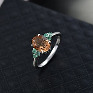 D'Joy Autumn Alexite and Kagem Zambian Emerald 2.00 ctw Art Deco Ring in Platinum Over Sterling Silver (Size 8.0)