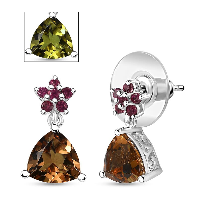 D'Joy Autumn Alexite and Orissa Rhodolite Garnet 3.85 ctw Floral Earrings in Platinum Over Sterling Silver