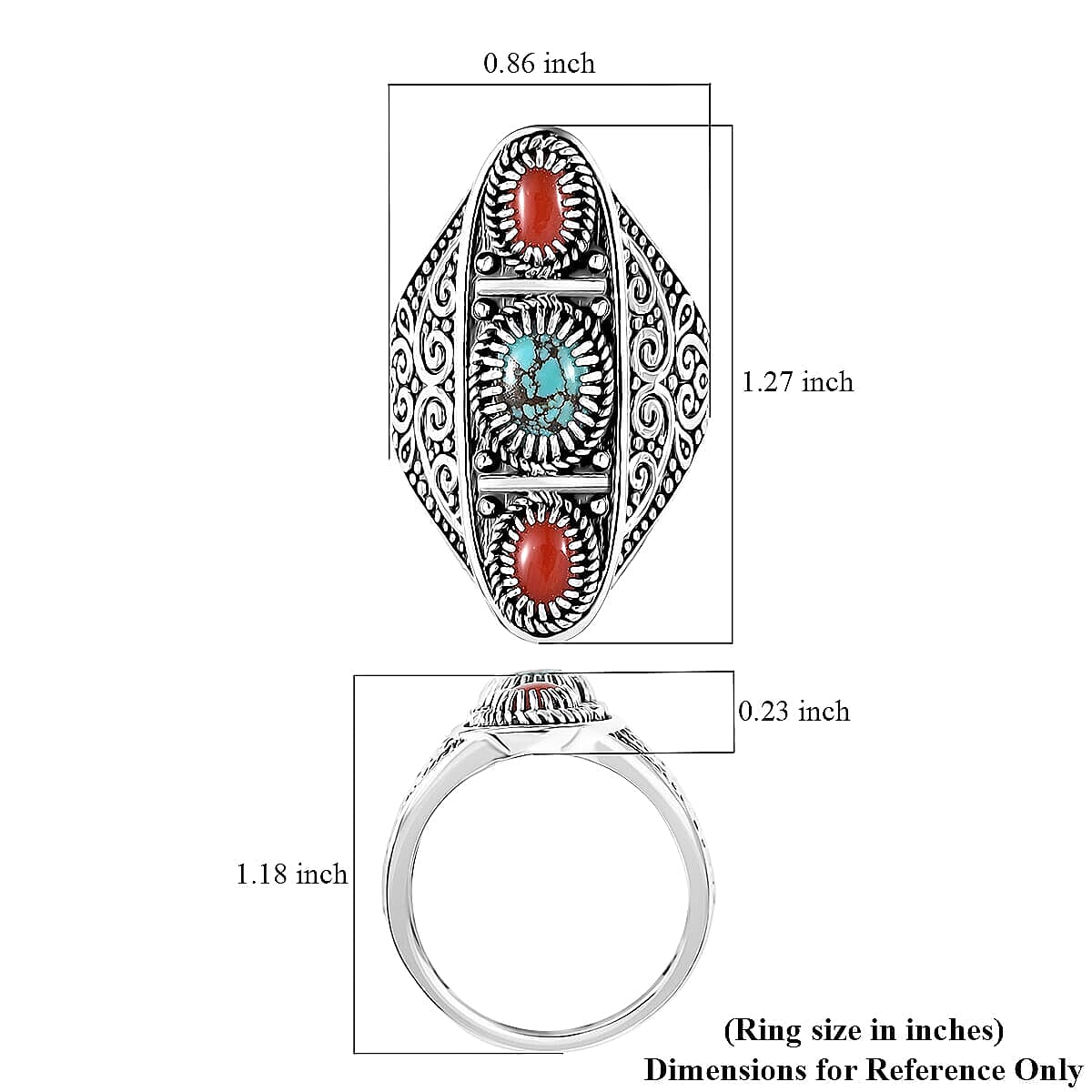 D'Joy Indian Artisan Crafted Blue Moon Turquoise, Coral Ring in Black Oxidised Sterling Silver 1.35 ctw (Size 10.0) image number 5