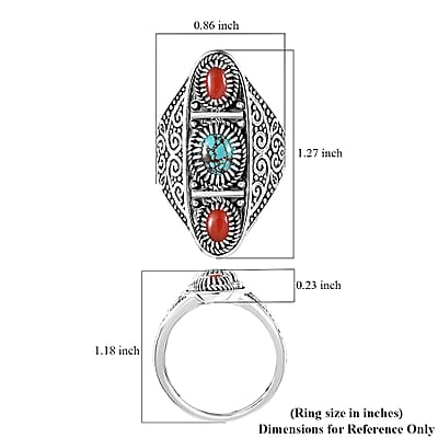 D'Joy Indian Artisan Crafted Blue Moon Turquoise, Coral Ring in Black Oxidised Sterling Silver 1.35 ctw (Size 10.0)