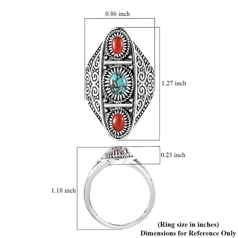 D'Joy Indian Artisan Crafted Blue Moon Turquoise, Coral Ring in Black Oxidised Sterling Silver 1.35 ctw (Size 10.0)