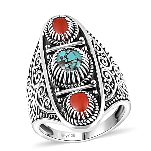 Doorbuster D'Joy Indian Artisan Crafted Blue Moon Turquoise and Coral 1.35 ctw Ring in Black Oxidised Sterling Silver (Size 7.0)