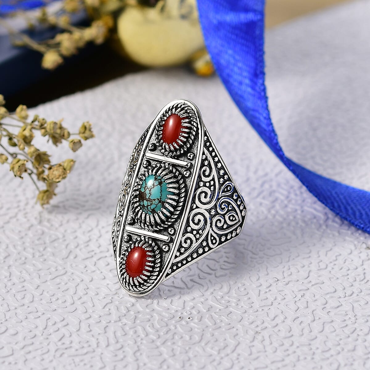 Doorbuster D'Joy Indian Artisan Crafted Blue Moon Turquoise and Coral 1.35 ctw Ring in Black Oxidised Sterling Silver (Size 7.0) image number 1