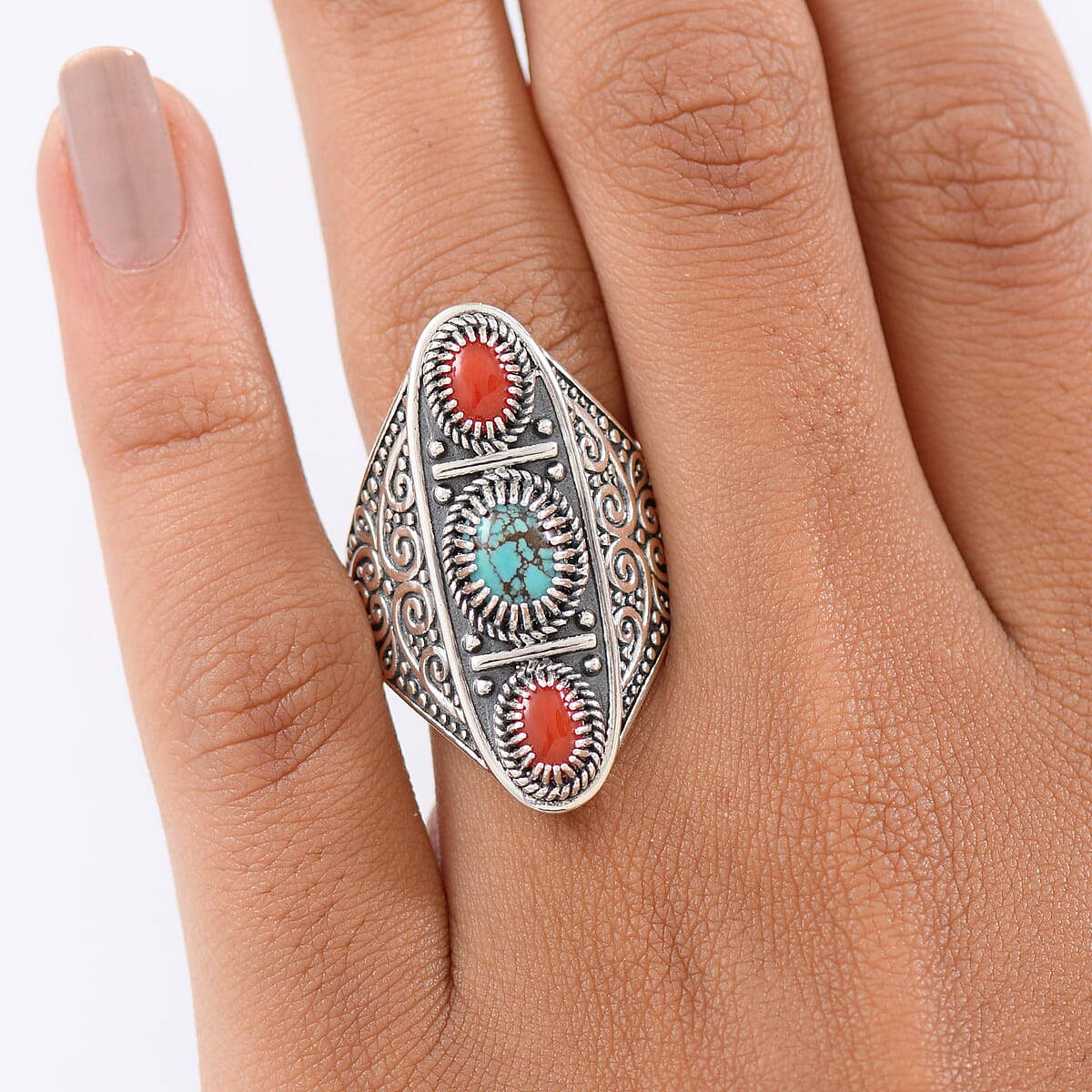 Doorbuster D'Joy Indian Artisan Crafted Blue Moon Turquoise and Coral 1.35 ctw Ring in Black Oxidised Sterling Silver (Size 7.0) image number 2