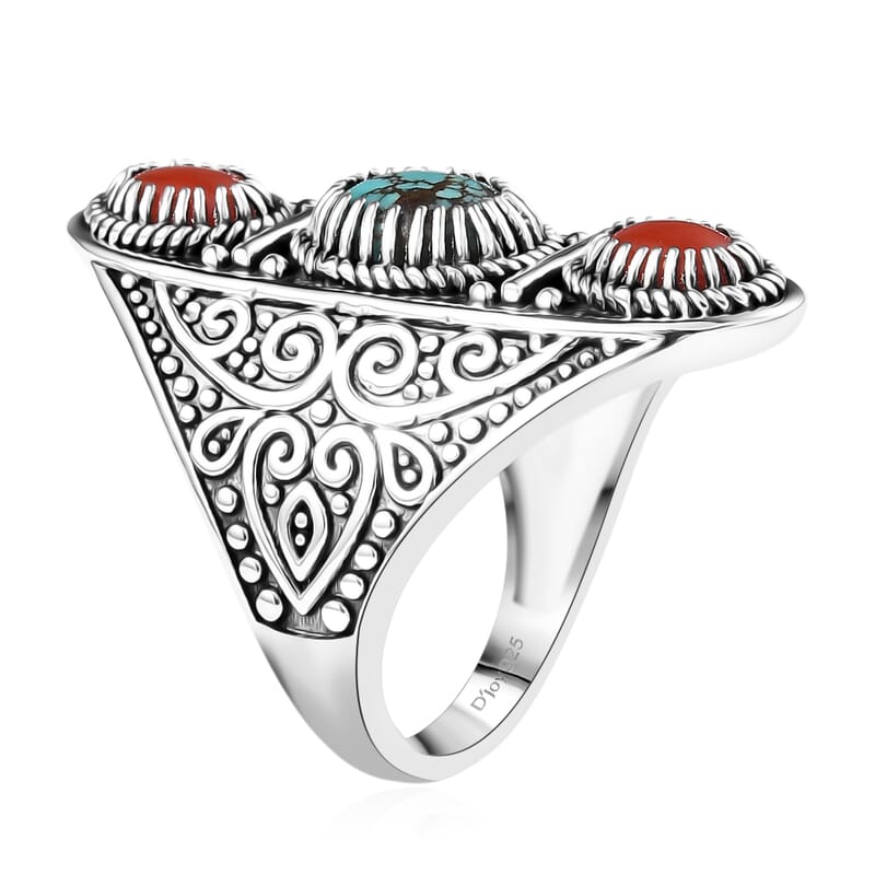 D'Joy Indian Artisan Crafted Blue Moon Turquoise, Coral Ring in Black Oxidised Sterling Silver 1.35 ctw (Size 7.0)