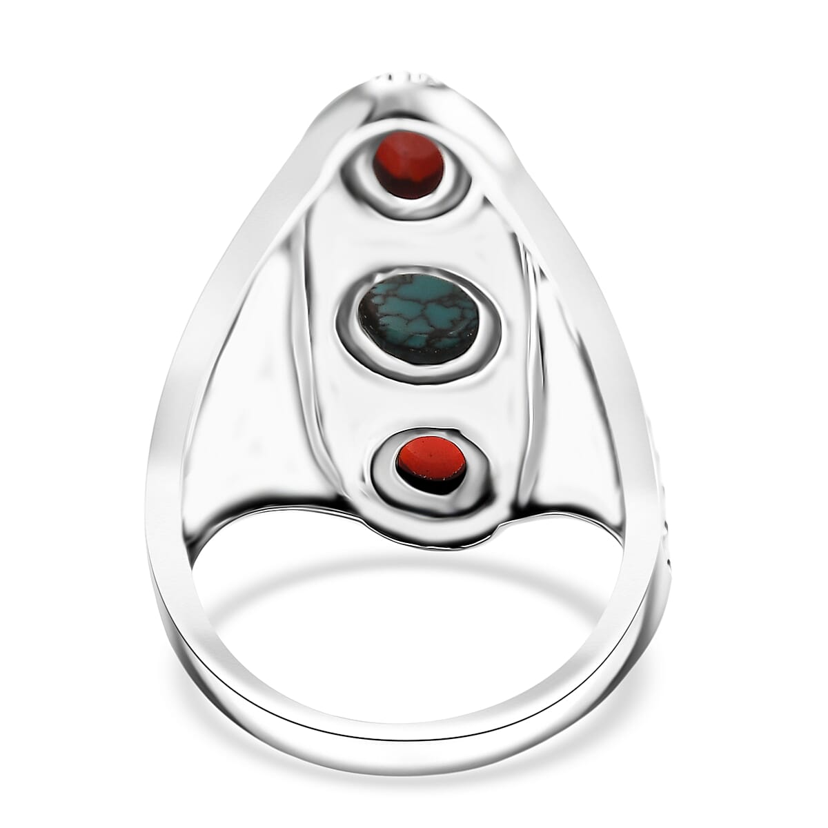 Doorbuster D'Joy Indian Artisan Crafted Blue Moon Turquoise and Coral 1.35 ctw Ring in Black Oxidised Sterling Silver (Size 7.0) image number 4