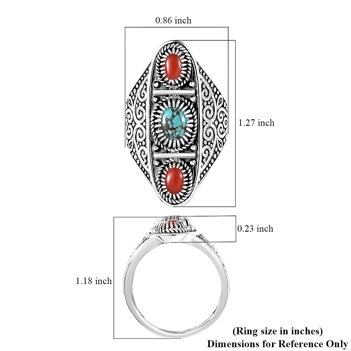 D'Joy Indian Artisan Crafted Blue Moon Turquoise, Coral Ring in Black Oxidised Sterling Silver 1.35 ctw (Size 7.0)