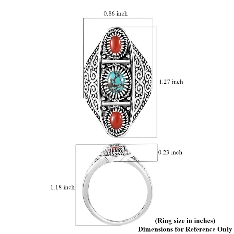 D'Joy Indian Artisan Crafted Blue Moon Turquoise, Coral Ring in Black Oxidised Sterling Silver 1.35 ctw (Size 7.0)