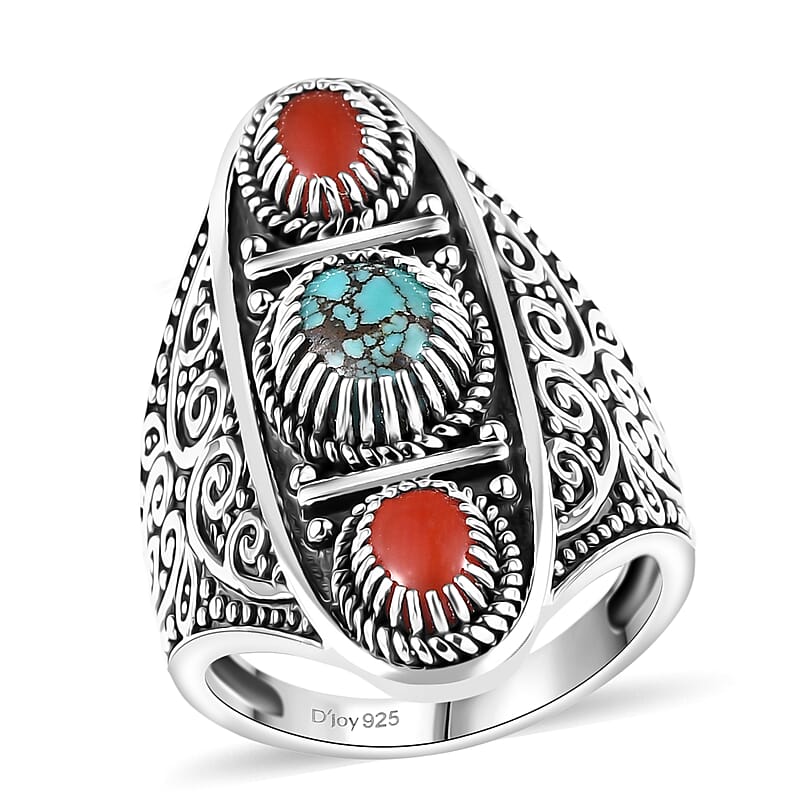 D'Joy Indian Artisan Crafted Blue Moon Turquoise, Coral Ring in Black Oxidised Sterling Silver 1.35 ctw (Size 9.0)