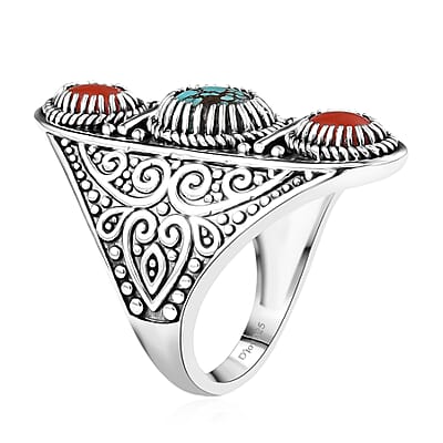 D'Joy Indian Artisan Crafted Blue Moon Turquoise, Coral Ring in Black Oxidised Sterling Silver 1.35 ctw (Size 9.0)
