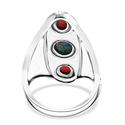 D'Joy Indian Artisan Crafted Blue Moon Turquoise, Coral Ring in Black Oxidised Sterling Silver 1.35 ctw (Size 9.0)