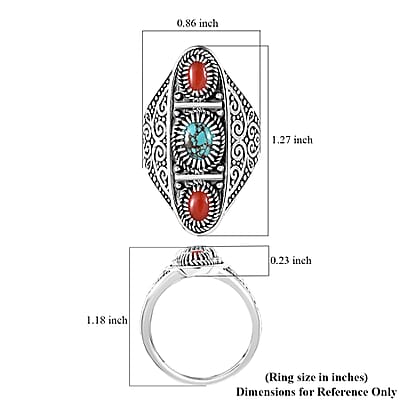 D'Joy Indian Artisan Crafted Blue Moon Turquoise, Coral Ring in Black Oxidised Sterling Silver 1.35 ctw (Size 9.0)