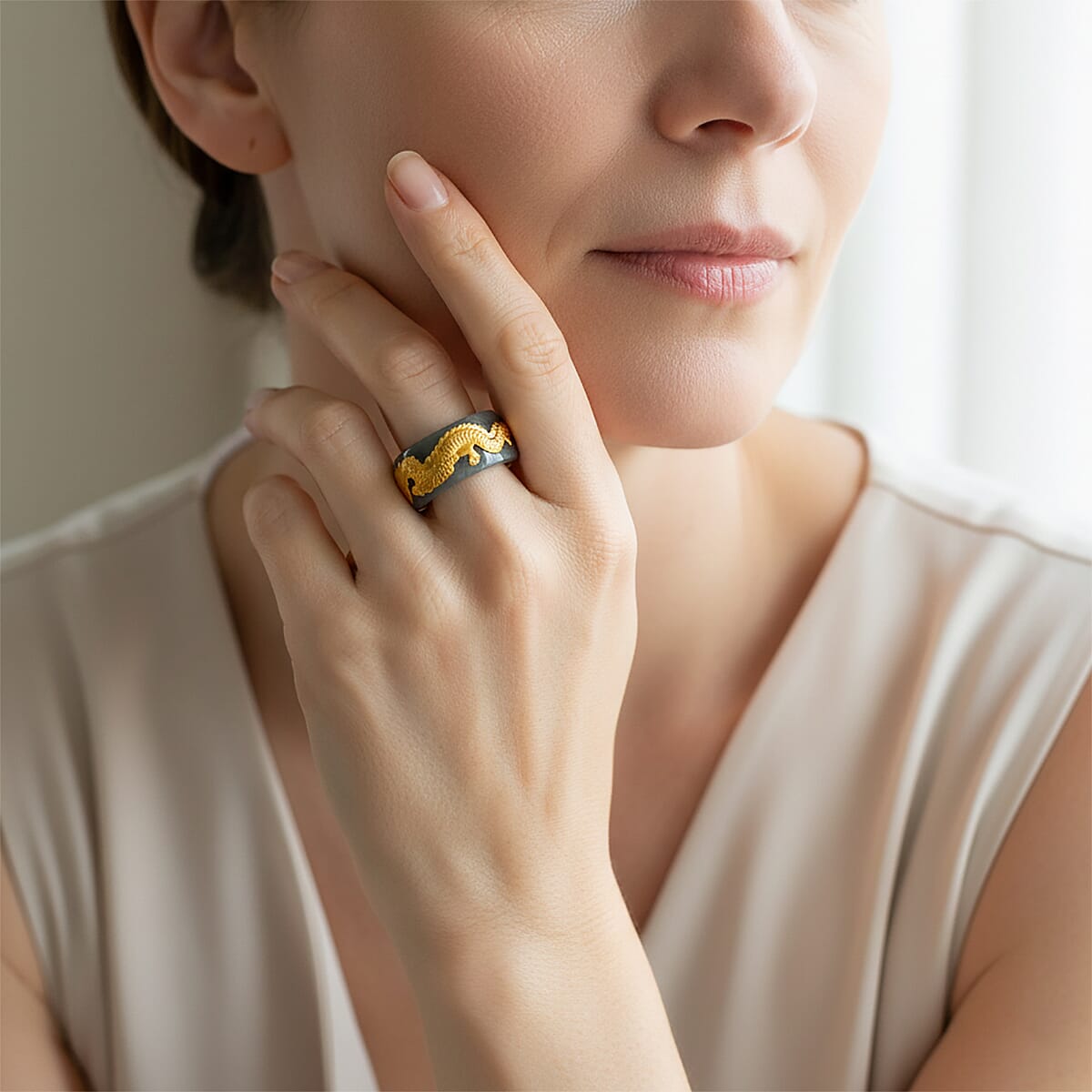 24K Yellow Gold Dragon Natural Olmec Jadeite 45.00 ctw Band Ring (Size 8.0) image number 2