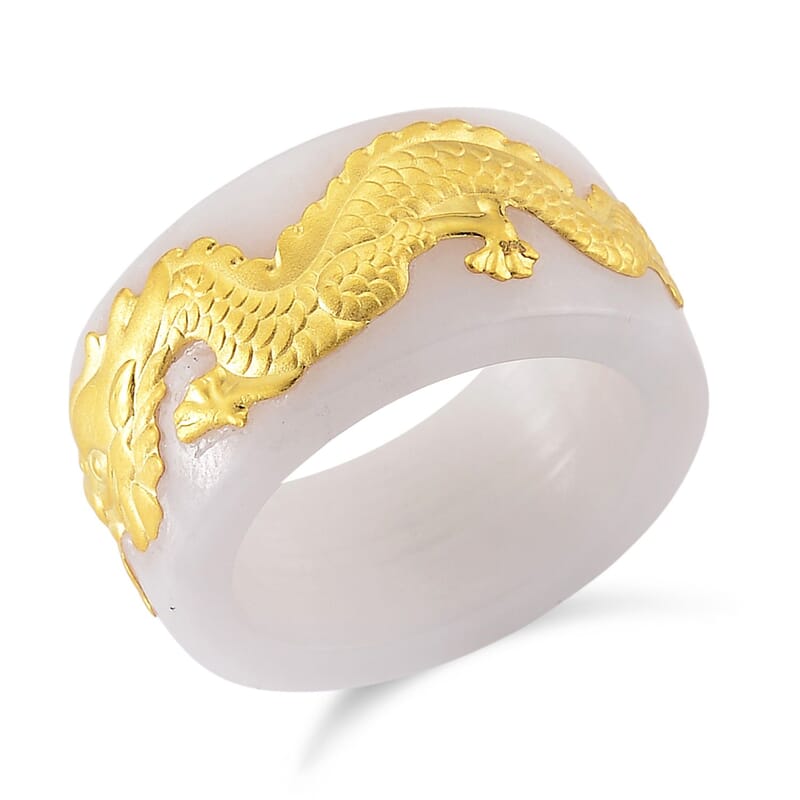 24K Yellow Gold Dragon Natural Jade 45.00 ctw Band Ring (Size 5.0)