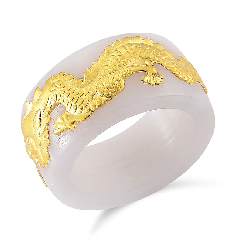 24K Yellow Gold Dragon Natural Jade 45.00 ctw Band Ring (Size 5.0)