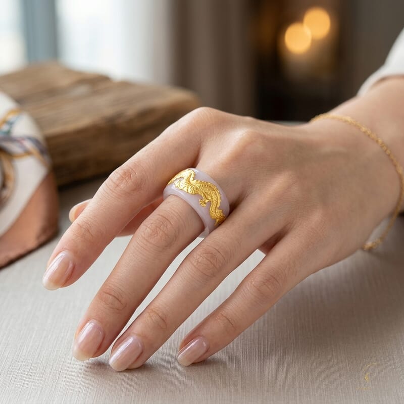 24K Yellow Gold Dragon Natural Jade 45.00 ctw Band Ring (Size 5.0)