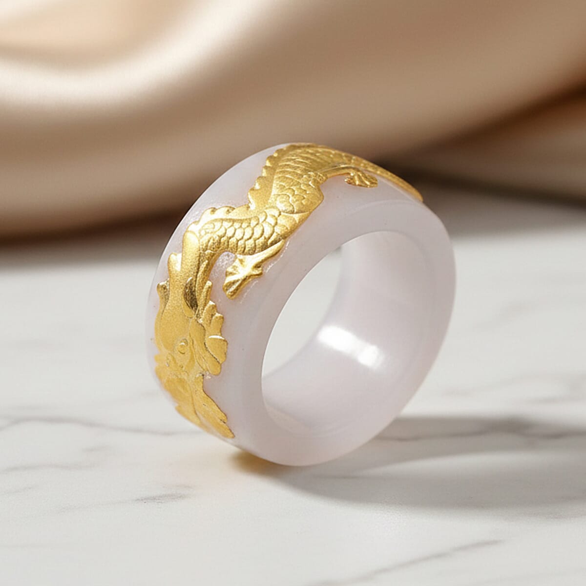 24K Yellow Gold Dragon Natural Jade 45.00 ctw Band Ring (Size 6.0) image number 1