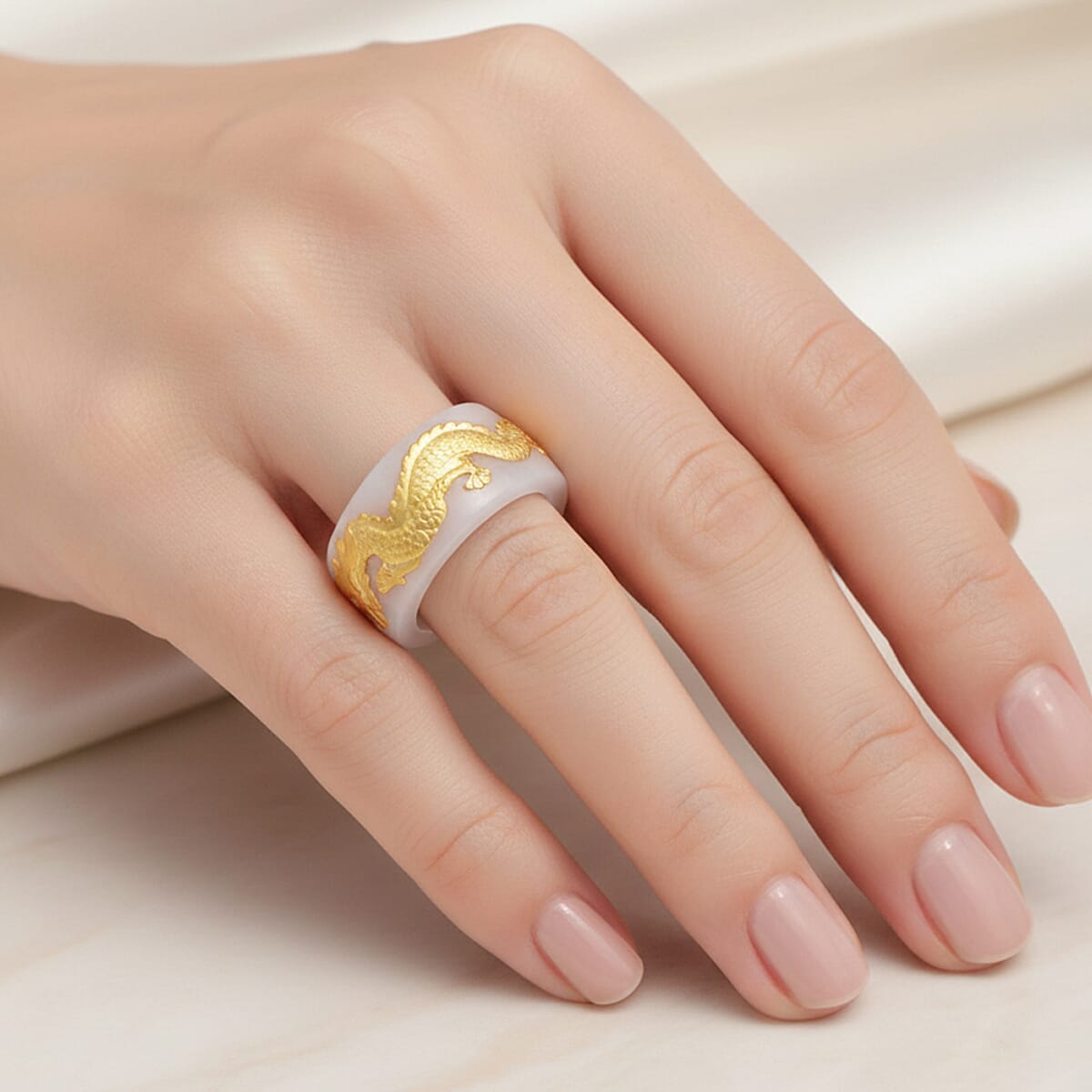 24K Yellow Gold Dragon Natural Jade 45.00 ctw Band Ring (Size 6.0) image number 2