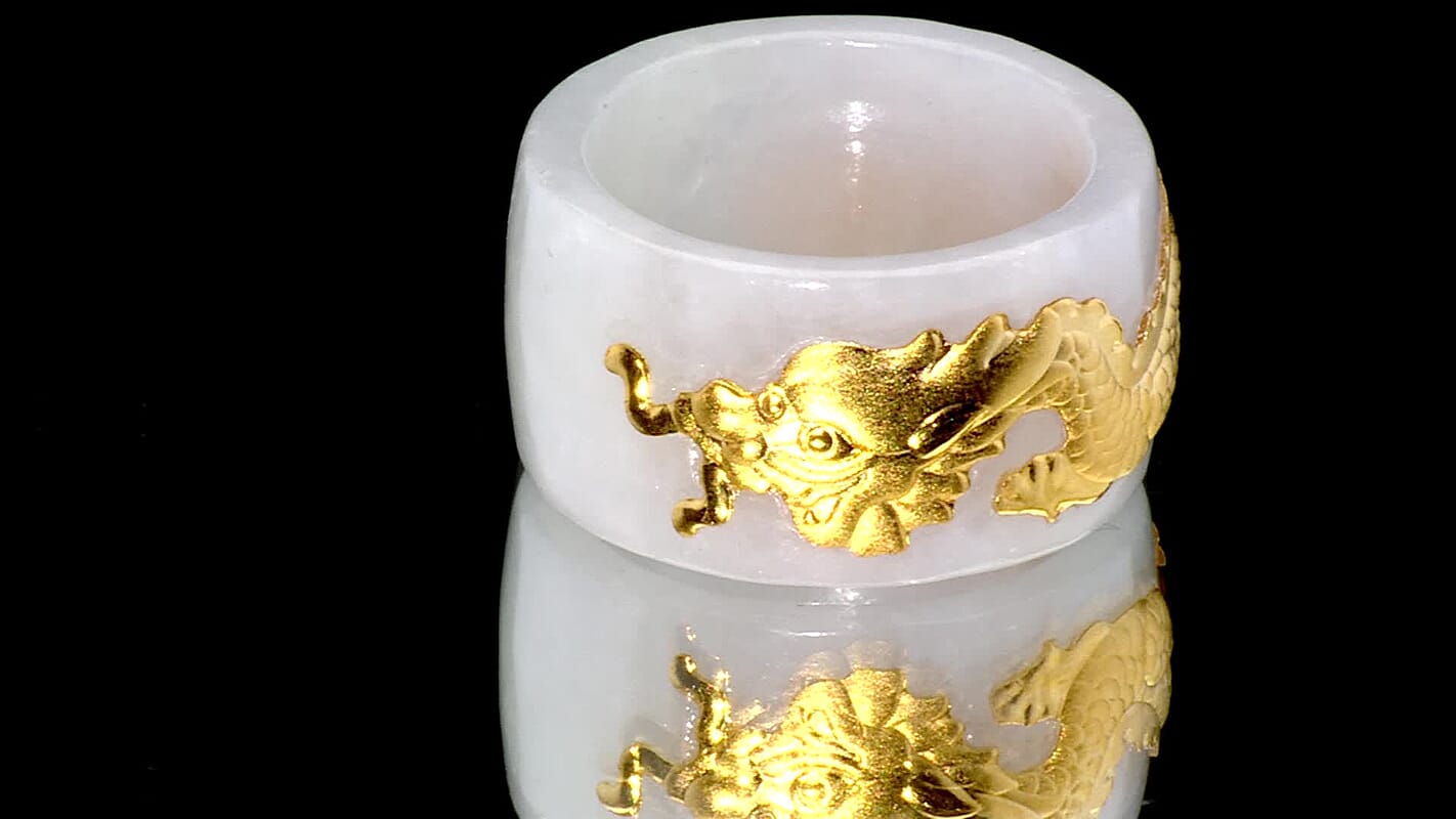 24K Yellow Gold Dragon Natural Olmec Jadeite 45.00 ctw Band Ring