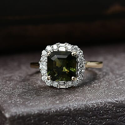 Certified AAA Bohemian Moldavite, Lab Grown Diamond Ring in 10K Yellow Gold 2.45 ctw (Size 10.0)