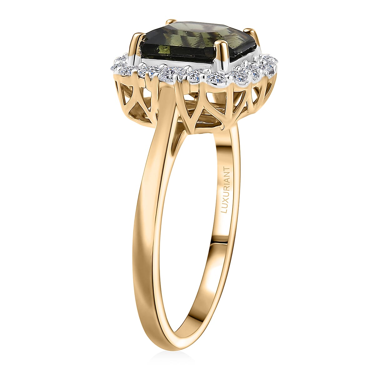 Certified & Appraised 10K Yellow Gold AAA Bohemian Moldavite, Luxuriant Diamond (G-H, SI) (0.40 cts) Ring (Size 10.0) 2.45 ctw image number 1