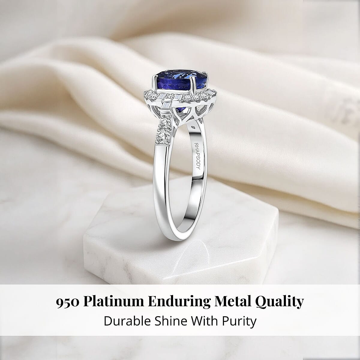 Doorbuster Certified & Appraised Rhapsody AAAA Tanzanite and Diamond E-F VS 4.03 ctw Art Deco Ring in 950 Platinum (Size 7.0) 6.83 Grams image number 2