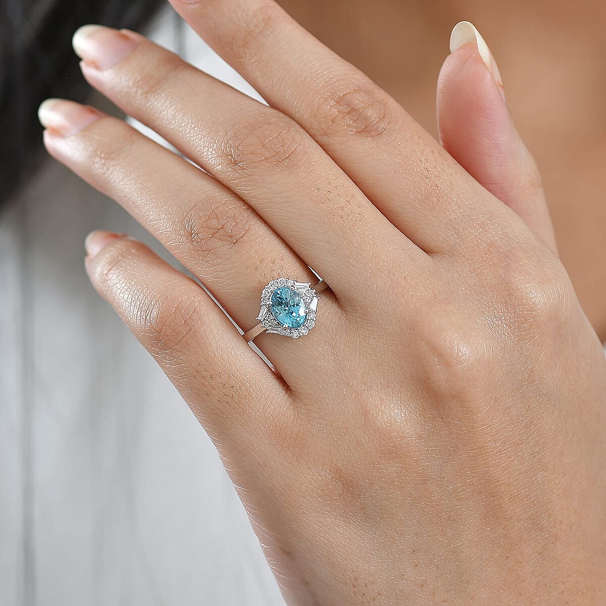 Certified and Appraised AAA Cambodian Blue Zircon, Diamond Ring in 10K White Gold 2.50 ctw (Size 12.0) image number 2