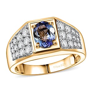 D'Joy Peacock Tanzanite and Moissanite 2.25 ctw Men's Ring in 18K Vermeil Yellow Gold Over Sterling Silver (Size 10.0)