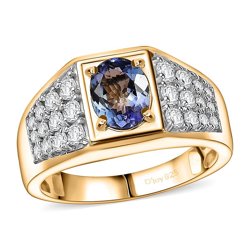D'Joy Peacock Tanzanite and Moissanite 2.25 ctw Men's Ring in 18K Vermeil Yellow Gold Over Sterling Silver (Size 10.0)