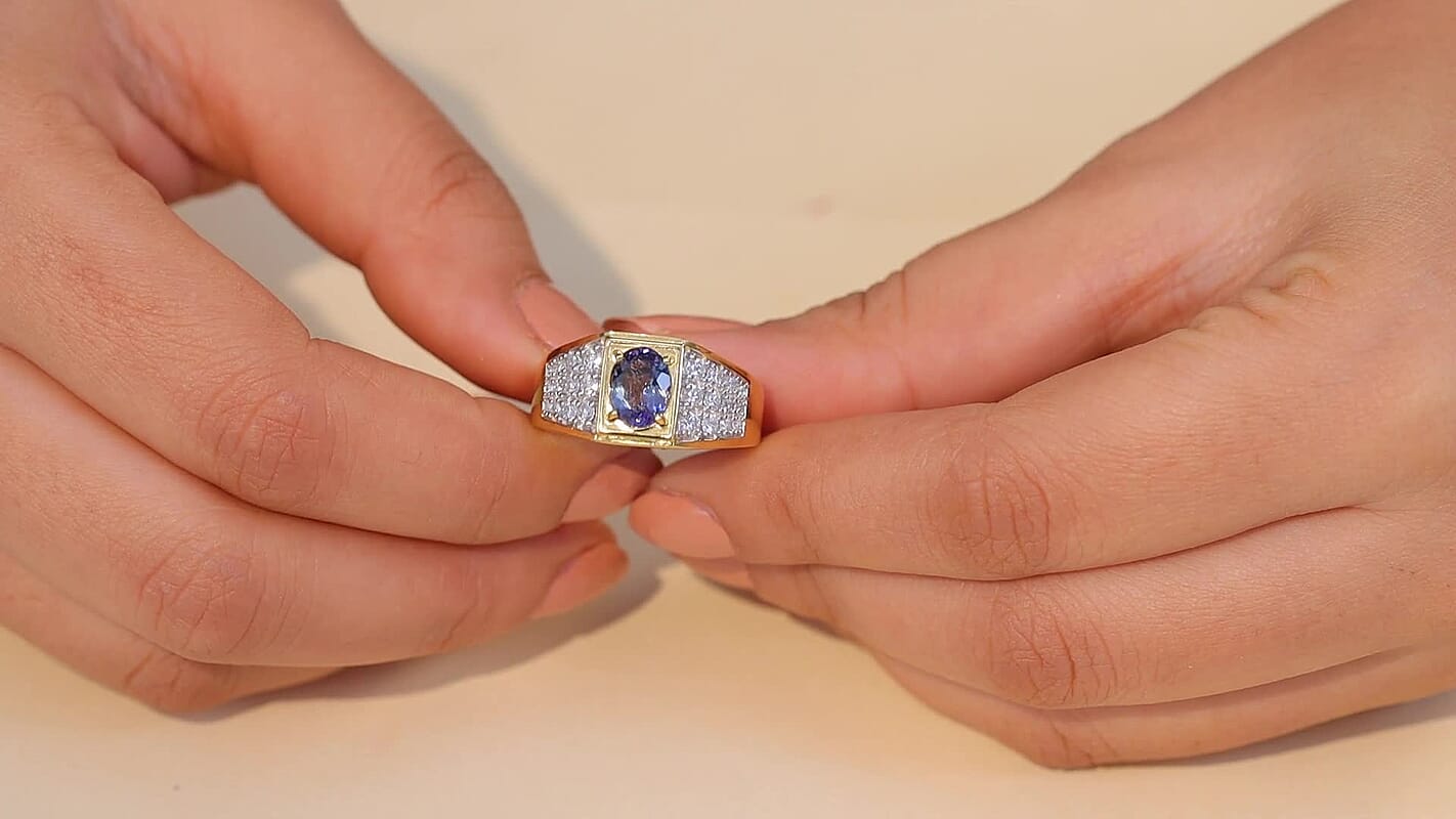 D'Joy Peacock Tanzanite, Moissanite Men's Ring in 18K Vermeil YG Over Sterling Silver (Size 10.0) 2.25 ctw