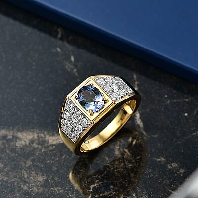 D'Joy Peacock Tanzanite and Moissanite 2.25 ctw Men's Ring in 18K Vermeil Yellow Gold Over Sterling Silver (Size 10.0)