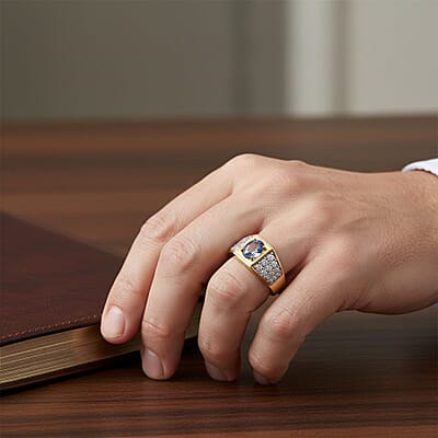 D'Joy Peacock Tanzanite and Moissanite 2.25 ctw Men's Ring in 18K Vermeil Yellow Gold Over Sterling Silver (Size 10.0)