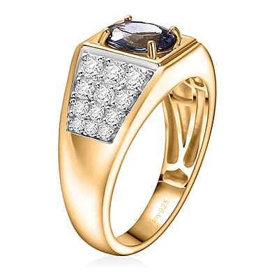 D'Joy Peacock Tanzanite and Moissanite 2.25 ctw Men's Ring in 18K Vermeil Yellow Gold Over Sterling Silver (Size 10.0)