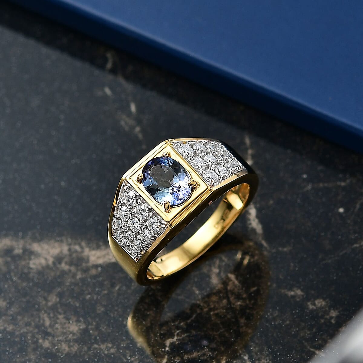 D'Joy Peacock Tanzanite and Moissanite 2.25 ctw Men's Ring in 18K Vermeil Yellow Gold Over Sterling Silver (Size 11.0) image number 1