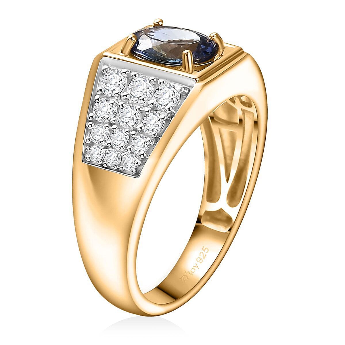 D'Joy Peacock Tanzanite and Moissanite 2.25 ctw Men's Ring in 18K Vermeil Yellow Gold Over Sterling Silver (Size 11.0) image number 3