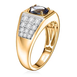 D'Joy Peacock Tanzanite and Moissanite 2.25 ctw Men's Ring in 18K Vermeil Yellow Gold Over Sterling Silver (Size 11.0)