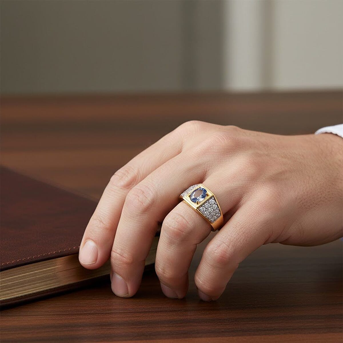 D'Joy Peacock Tanzanite and Moissanite 2.25 ctw Men's Ring in 18K Vermeil Yellow Gold Over Sterling Silver (Size 12.0) image number 2