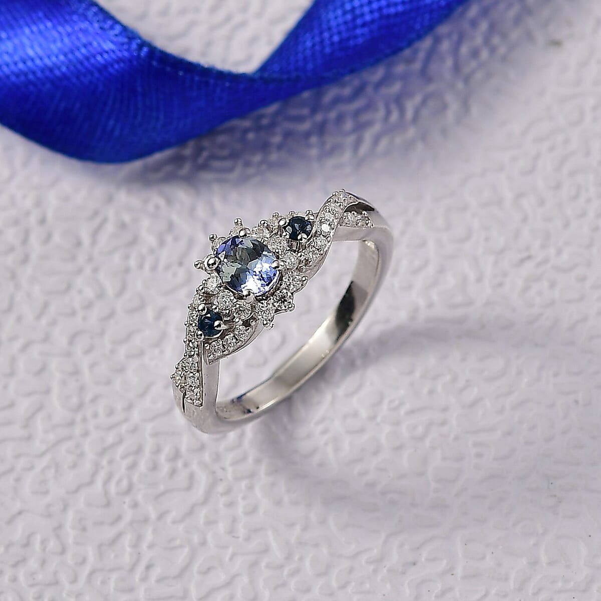 D'Joy Peacock Tanzanite and Multi Gemstone 0.75 ctw Sunburst Ring in Rhodium Over Sterling Silver (Size 10.0) image number 1