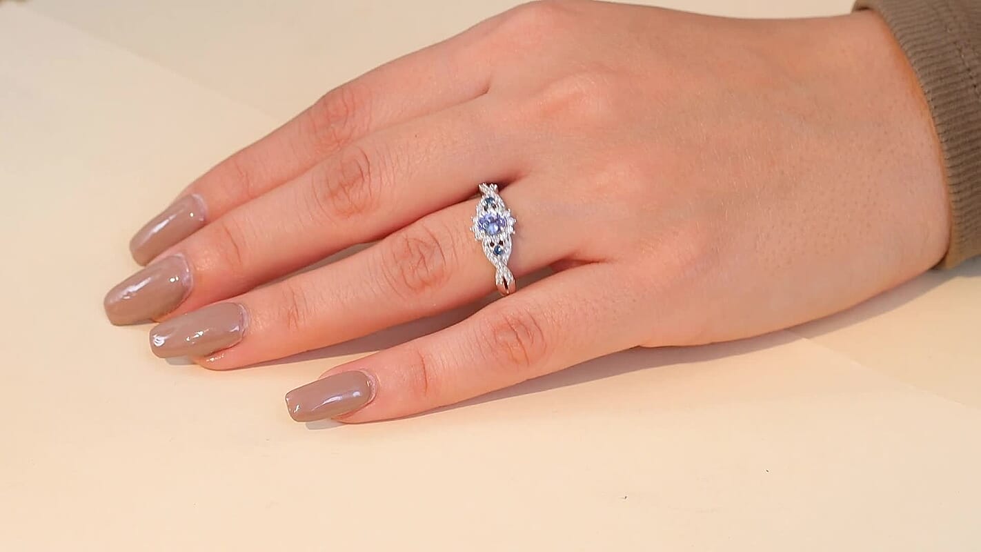 D'Joy Peacock Tanzanite, Multi Gemstone Ring in Rhodium Over Sterling Silver (Size 10.0) 0.75 ctw