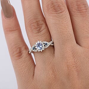 D'Joy Peacock Tanzanite and Multi Gemstone 0.75 ctw Sunburst Ring in Rhodium Over Sterling Silver (Size 5.0) 