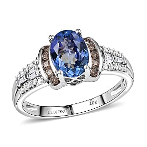 Doorbuster Luxoro 10K White Gold AAA Peacock Tanzanite, Natural Champagne and White Diamond (I2) (0.30 cts) Ring (Size 10.0) 2.20 ctw