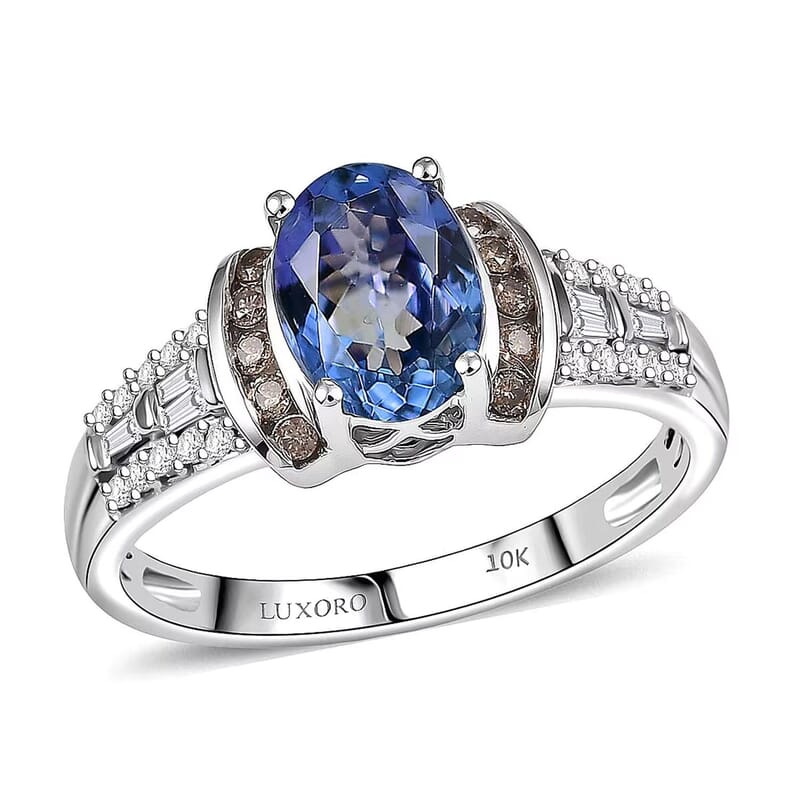 Luxoro AAA Peacock Tanzanite, Natural Champagne and White Diamond Ring in 10K White Gold 2.20 ctw (Size 10.0)